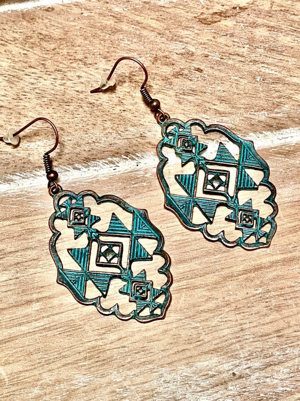 Turquoise Copper Patina Filigree Teardrop Dangle Earrings - Women Jewelry